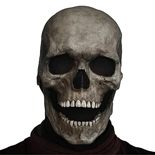 Fmlkic Máscara de calavera aterradora con máscara de mandíbula móvil Casco de látex realista de Halloween Máscara de ojos brillantes Horror Cabeza completa Esqueleto Sombrerería para adultos