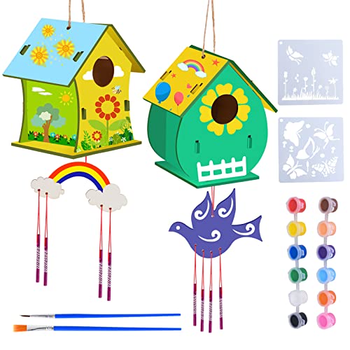 FORMIZON Casa de Pájaros Madera, 2 Kit de Bricolaje para Casitas de Pájaros para Niños, Pajarera de Madera Manualidades con Herramientas de Pintura, Wooden Birdhouse Regalo para Niños y Niñas