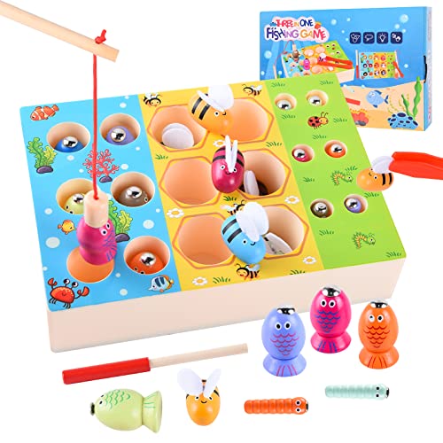 FORMIZON Juego de Pescar para Niños, Juguete de Pesca, 3 en 1 Juego de Pesca de Madera Magnético Juguetes Montessori Peces Madera Infantil de Educativos Regalos para Niños 3 4 5 6 Años