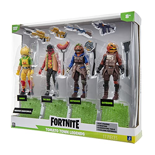 Fortnite Squad Mode Tomatotown Legends-Paquete de 4 Figuras de la Serie 6, Incluyendo Armas, Herramientas de Cosecha, Materiales de construcción, Soportes y Mucho más, Multicolor (Jazwares FNT0813)