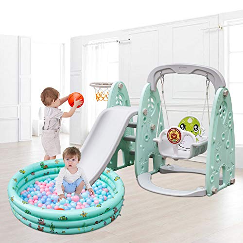 Frantools Columpio Tobogán Parque para Infantil Niños Columpio Tobogán Tobogan Infantil Toboganes Infantiles Jardin Columpios y Toboganes 5 en 1 con Piscina de Bolas y Bolas Color Verde