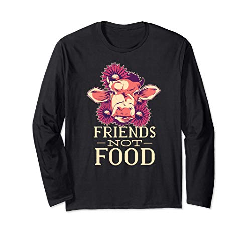 FRIENDS NOT FOOD Vegetarian Vegan Meme Cow with Flowers Manga Larga