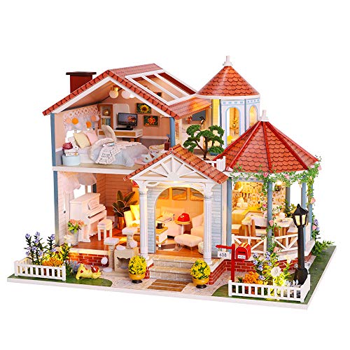 Fsolis Casa de Muñecas en Miniatura de Bricolaje con Mueble, Casa en Miniatura de Madera 3D con Cubierta Antipolvo y Movimiento Musical, Kit de Regalo Creativo de Casas para Muñecas L2001