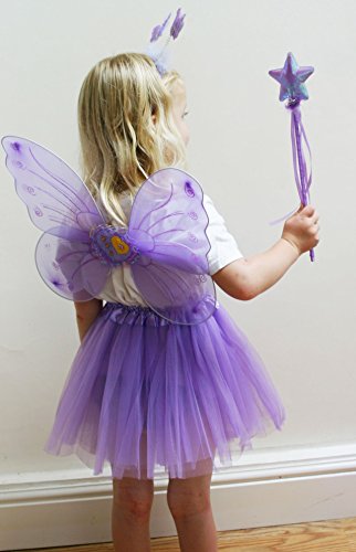 Fun Play - Disfraz de Hada para niñas - Alas de Mariposa, Tutú, Varita Mágica y Diadema - Disfraz de Mariposa o Ángel con Alas para niñas de 3-8 años - Color Morado