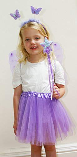 Fun Play - Disfraz de Hada para niñas - Alas de Mariposa, Tutú, Varita Mágica y Diadema - Disfraz de Mariposa o Ángel con Alas para niñas de 3-8 años - Color Morado