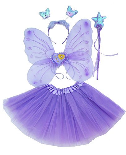 Fun Play - Disfraz de Hada para niñas - Alas de Mariposa, Tutú, Varita Mágica y Diadema - Disfraz de Mariposa o Ángel con Alas para niñas de 3-8 años - Color Morado