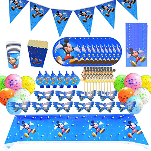 Funmo Juego De CumpleañOs para NiñOs, Juego De Cubiertos De Mickey Mouse Azul De 84 Piezas, 10porciones Cubiertos De Mickey, CinturóN De Globos De Mickey, Platos, Tazas, Banderas, Cometas, Manteles