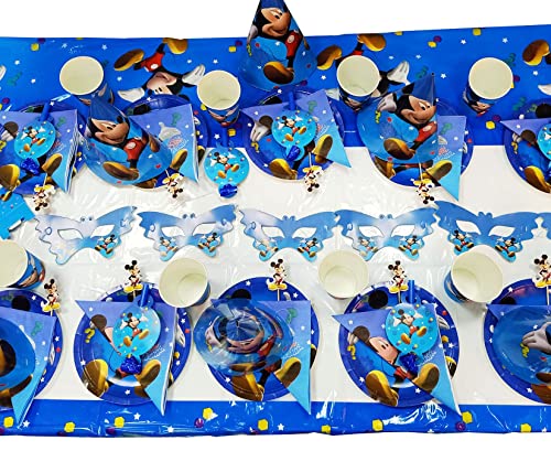 Funmo Juego De CumpleañOs para NiñOs, Juego De Cubiertos De Mickey Mouse Azul De 84 Piezas, 10porciones Cubiertos De Mickey, CinturóN De Globos De Mickey, Platos, Tazas, Banderas, Cometas, Manteles