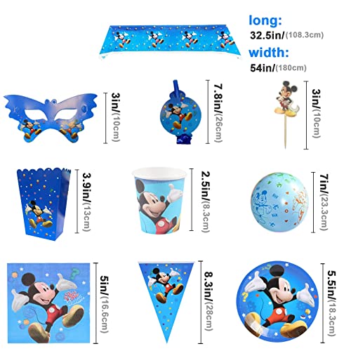 Funmo Juego De CumpleañOs para NiñOs, Juego De Cubiertos De Mickey Mouse Azul De 84 Piezas, 10porciones Cubiertos De Mickey, CinturóN De Globos De Mickey, Platos, Tazas, Banderas, Cometas, Manteles