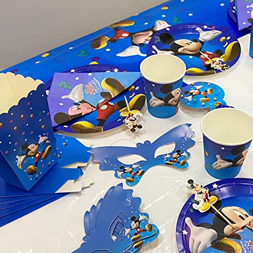 Funmo Juego De CumpleañOs para NiñOs, Juego De Cubiertos De Mickey Mouse Azul De 84 Piezas, 10porciones Cubiertos De Mickey, CinturóN De Globos De Mickey, Platos, Tazas, Banderas, Cometas, Manteles