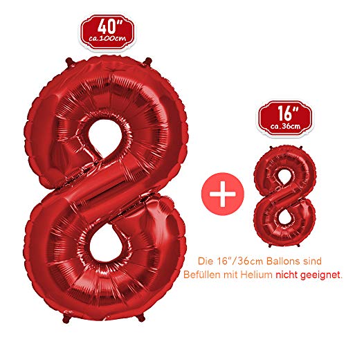 FUNXGO Globo Numero 8 Rojo - 100 cm & 40cm - Globos de Cumpleãnos 8 - Rojo Globo 8 años cumpleaños - Decoracion 8 Cumpleaños - Adecuado para cumpleaños, Fiestas sorpresas, Fiestas