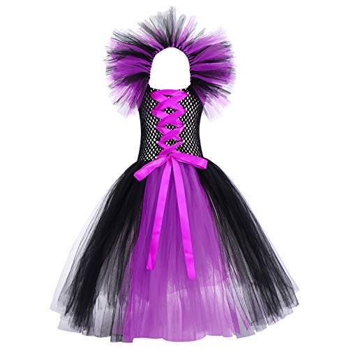 FYMNSI Disfraz de Niña Maléfica Reina Malvada Maleficent Halloween Costume Tutu Vestido de Bruja con Diadema de Cuernos Alas de Angel Conjunto Carnaval Fiesta de Cosplay Disfraces Morado 4-5 años