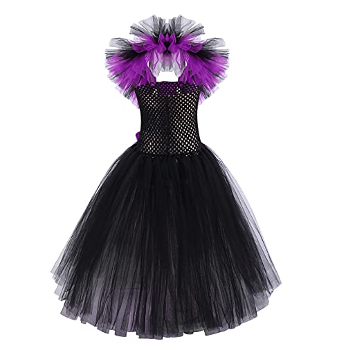 FYMNSI Disfraz de Niña Maléfica Reina Malvada Maleficent Halloween Costume Tutu Vestido de Bruja con Diadema de Cuernos Alas de Angel Conjunto Carnaval Fiesta de Cosplay Disfraces Morado 4-5 años