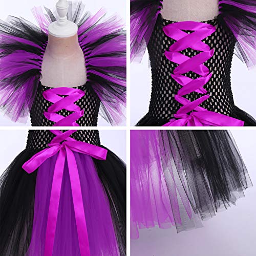 FYMNSI Disfraz de Niña Maléfica Reina Malvada Maleficent Halloween Costume Tutu Vestido de Bruja con Diadema de Cuernos Alas de Angel Conjunto Carnaval Fiesta de Cosplay Disfraces Morado 4-5 años