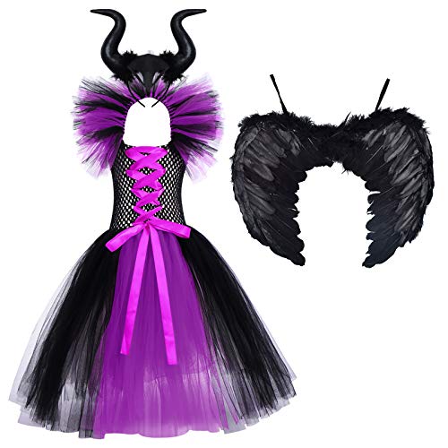 FYMNSI Disfraz de Niña Maléfica Reina Malvada Maleficent Halloween Costume Tutu Vestido de Bruja con Diadema de Cuernos Alas de Angel Conjunto Carnaval Fiesta de Cosplay Disfraces Morado 4-5 años