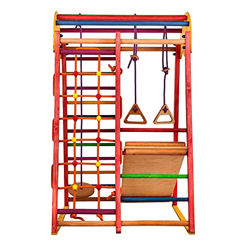 Generic RINAGYM - Triángulo de escalada de madera para niños - Red de escalada, escalera sueca, anillos, tobogán - Promueve el desarrollo - Ideal para 1 a 5 años - Soporta hasta 60 kg