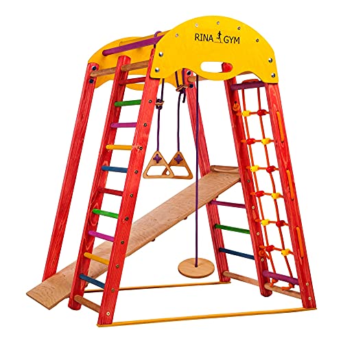 Generic RINAGYM - Triángulo de escalada de madera para niños - Red de escalada, escalera sueca, anillos, tobogán - Promueve el desarrollo - Ideal para 1 a 5 años - Soporta hasta 60 kg