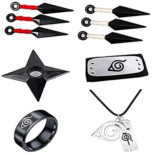 Genérico anime cosplay pack de accesorios,collar colgante,anillo,bandana,3 kunai blancos,3kunais rojos y una estrella ninja shuriken,ring complemento de disfraz para halloween carnaval kakashi minato