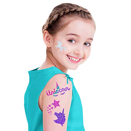 GirlZone Regalos para Niñas -Tatuajes Purpurina Unicornio -Kit de Tatuajes Temporales con Brillantina para Niñas -Tatuajes Temporales - Tattoos Infantiles Regalo Cumpleaños 3 a 12 años