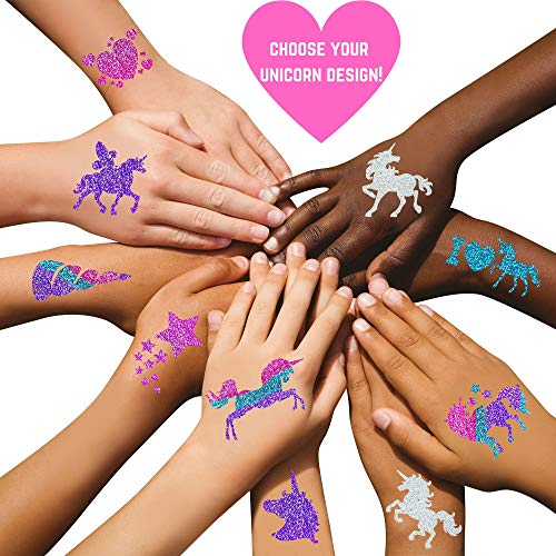 GirlZone Regalos para Niñas -Tatuajes Purpurina Unicornio -Kit de Tatuajes Temporales con Brillantina para Niñas -Tatuajes Temporales - Tattoos Infantiles Regalo Cumpleaños 3 a 12 años