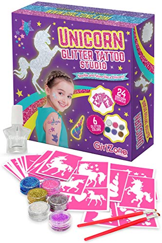 GirlZone Regalos para Niñas -Tatuajes Purpurina Unicornio -Kit de Tatuajes Temporales con Brillantina para Niñas -Tatuajes Temporales - Tattoos Infantiles Regalo Cumpleaños 3 a 12 años