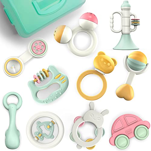 GizmoVine sonajero para bebés mordedor para bebés sin Juego de sonajero de BPA con Caja de Almacenamiento Juguete de Regalo Adecuado para bebés de 3 a 12 Meses y recién Nacidos