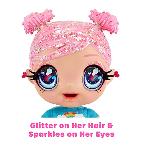 Glitter Babyz Muñeca Dreamia Stardust - Con 3 cambios de color mágicos, pelo rosa y vestido arcoíris - Incluye pañal, biberón y chupete reutilizables - Para coleccionar - Edad: 3+ años