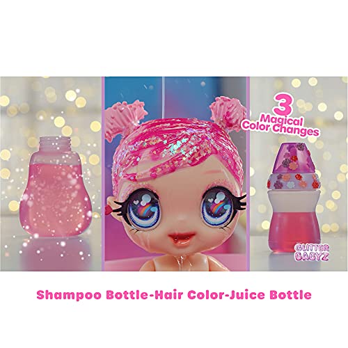 Glitter Babyz Muñeca Dreamia Stardust - Con 3 cambios de color mágicos, pelo rosa y vestido arcoíris - Incluye pañal, biberón y chupete reutilizables - Para coleccionar - Edad: 3+ años