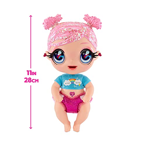 Glitter Babyz Muñeca Dreamia Stardust - Con 3 cambios de color mágicos, pelo rosa y vestido arcoíris - Incluye pañal, biberón y chupete reutilizables - Para coleccionar - Edad: 3+ años