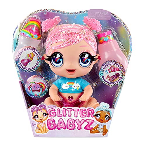 Glitter Babyz Muñeca Dreamia Stardust - Con 3 cambios de color mágicos, pelo rosa y vestido arcoíris - Incluye pañal, biberón y chupete reutilizables - Para coleccionar - Edad: 3+ años