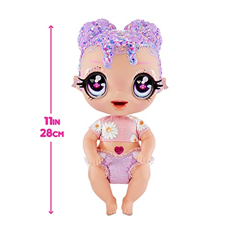 Glitter Babyz Muñeca Lila Wildboom - Con 3 cambios de color mágicos, pelo morado y vestido de flores - Incluye pañal, biberón y chupete reutilizables - Para coleccionar - Edad: 3+ años