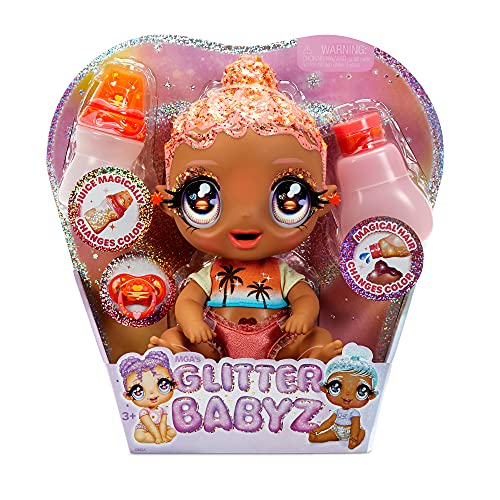 Glitter Babyz Muñeca Solana Sunburst - Con 3 cambios de color mágicos, pelo rosa coral y vestido tropical - Incluye pañal, biberón y chupete reutilizables - Para coleccionar - Edad: 3+ años