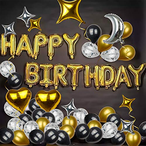 Globos de Cumpleaños Decoracion SKYIOL Dorados Negros Plata 54 pzs Happy Birthday Guirnalda Letras con Corazón Estrella Foil Helio Látex Globos Cinta Adhesiva Puntos para Niñas Niño Fiesta