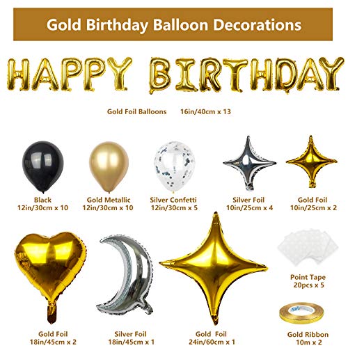 Globos de Cumpleaños Decoracion SKYIOL Dorados Negros Plata 54 pzs Happy Birthday Guirnalda Letras con Corazón Estrella Foil Helio Látex Globos Cinta Adhesiva Puntos para Niñas Niño Fiesta