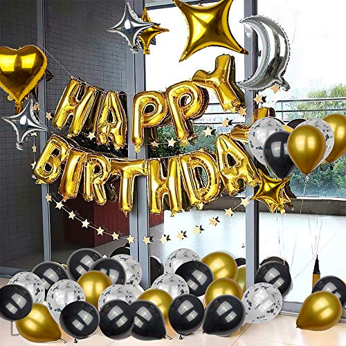 Globos de Cumpleaños Decoracion SKYIOL Dorados Negros Plata 54 pzs Happy Birthday Guirnalda Letras con Corazón Estrella Foil Helio Látex Globos Cinta Adhesiva Puntos para Niñas Niño Fiesta