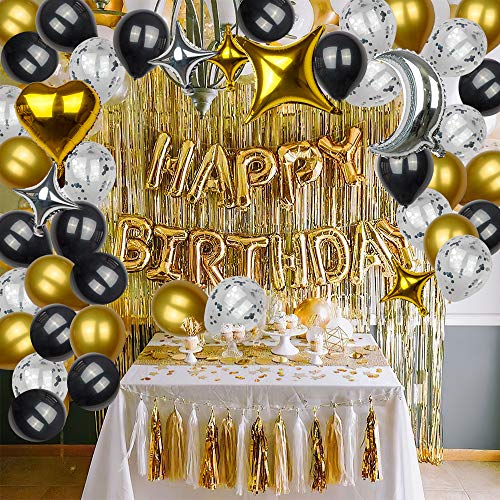 Globos de Cumpleaños Decoracion SKYIOL Dorados Negros Plata 54 pzs Happy Birthday Guirnalda Letras con Corazón Estrella Foil Helio Látex Globos Cinta Adhesiva Puntos para Niñas Niño Fiesta