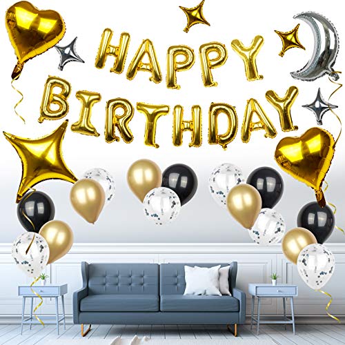 Globos de Cumpleaños Decoracion SKYIOL Dorados Negros Plata 54 pzs Happy Birthday Guirnalda Letras con Corazón Estrella Foil Helio Látex Globos Cinta Adhesiva Puntos para Niñas Niño Fiesta