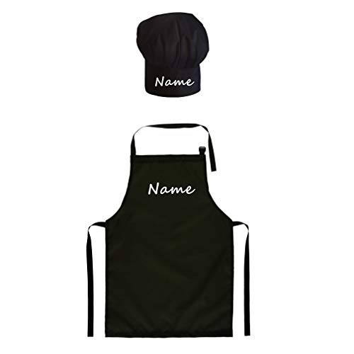 Gorro Cocinero + Delantal de cocina para niños de niño Bebé de Cocina ajustable con velcro Gorro de Chef con nombre/con texto Negro [099]