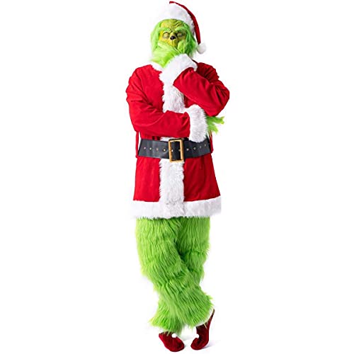 Grinch - Disfraz de Navidad para adultos, 7 unidades, color verde, disfraz de Papá Noel, traje de terciopelo para hombres, mujeres y niños, verde, L