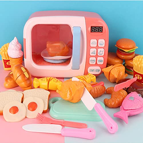 Guangmaoxin 30 Piezas Microondas de Juguete Juegos para Cocinar Niños, Efectos de Luz y Sonido, Vajilla para Cortar Frutas, Verduras, Comida, Juegos de Roles, Juguetes Educativos de Aprendizaje