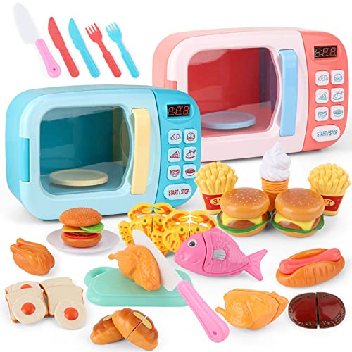 Guangmaoxin 30 Piezas Microondas de Juguete Juegos para Cocinar Niños, Efectos de Luz y Sonido, Vajilla para Cortar Frutas, Verduras, Comida, Juegos de Roles, Juguetes Educativos de Aprendizaje