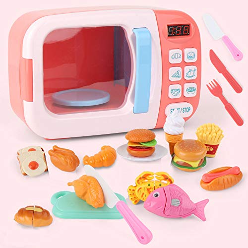 Guangmaoxin 30 Piezas Microondas de Juguete Juegos para Cocinar Niños, Efectos de Luz y Sonido, Vajilla para Cortar Frutas, Verduras, Comida, Juegos de Roles, Juguetes Educativos de Aprendizaje