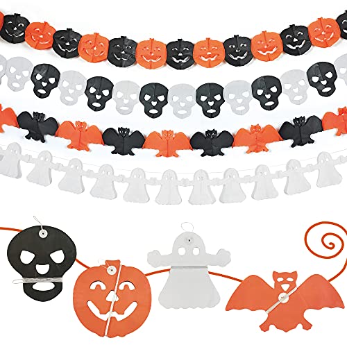 Guirnaldas de Halloween Terroríficas, 4 Piezas Guirnaldas Colgantes de Fantasma, Murciélagos, Calabazas, Calaveras, Pancartas de papel para Decoración de Fiestas de Halloween (9,84 pies/pieza)