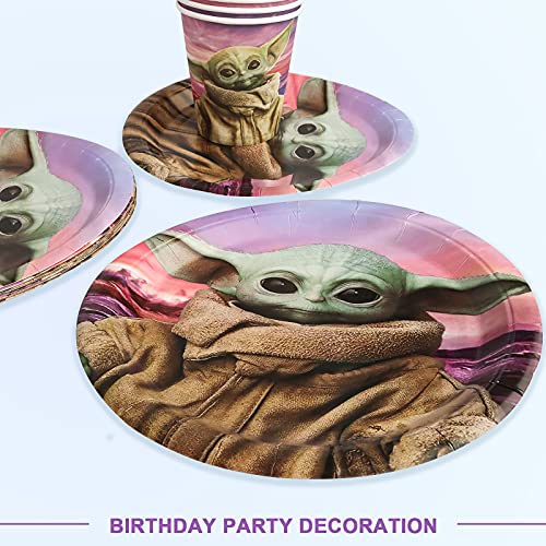 Gxhong Juego de Vajilla de Fiesta de Baby Yoda, Kit de Decoraciones de Cumpleaños, Banderín, Plato, Taza, Pajitas, Servilleta, Mantel, para Fiesta de Cumpleaños, Aniversarios, 52 pcs