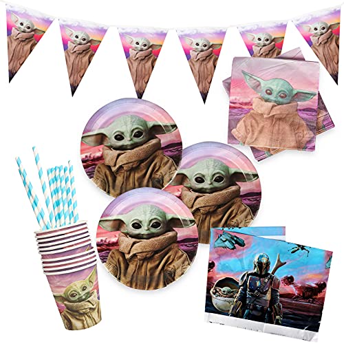 Gxhong Juego de Vajilla de Fiesta de Baby Yoda, Kit de Decoraciones de Cumpleaños, Banderín, Plato, Taza, Pajitas, Servilleta, Mantel, para Fiesta de Cumpleaños, Aniversarios, 52 pcs