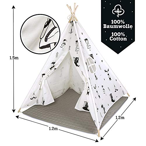 Hakuna Matte Tienda Tipi Infantil con Elegante Diseño Escandinavo- Tipis para Niños Tienda de Juegos Alfombra Acolchada, Atrapasueños, Bolsa de Viaje - 100% Algodón y Postes de Pino, Certificado EN71