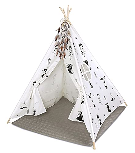 Hakuna Matte Tienda Tipi Infantil con Elegante Diseño Escandinavo- Tipis para Niños Tienda de Juegos Alfombra Acolchada, Atrapasueños, Bolsa de Viaje - 100% Algodón y Postes de Pino, Certificado EN71