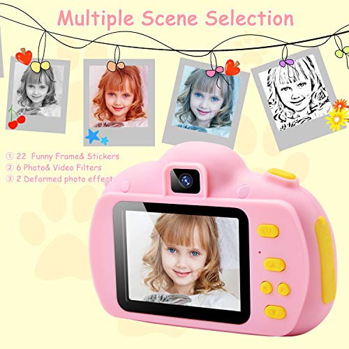 Hangrui Cámara para Niños, HD Doble Objetivo Juego Video Cámara de Fotos Digital con Tarjeta de Memoria de 32GB, Pantalla de Protección Ocular IPS de 2,4 Pulgadas, a Prueba de Golpes (Rosado)