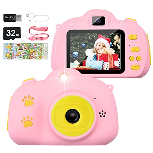 Hangrui Cámara para Niños, HD Doble Objetivo Juego Video Cámara de Fotos Digital con Tarjeta de Memoria de 32GB, Pantalla de Protección Ocular IPS de 2,4 Pulgadas, a Prueba de Golpes (Rosado)