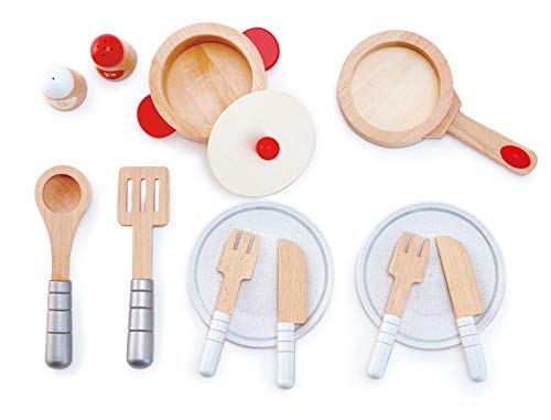 Hape International Juego Completo Cocinar y Servir, Juego de Cocina de Madera de 13 piezas con Accesorios